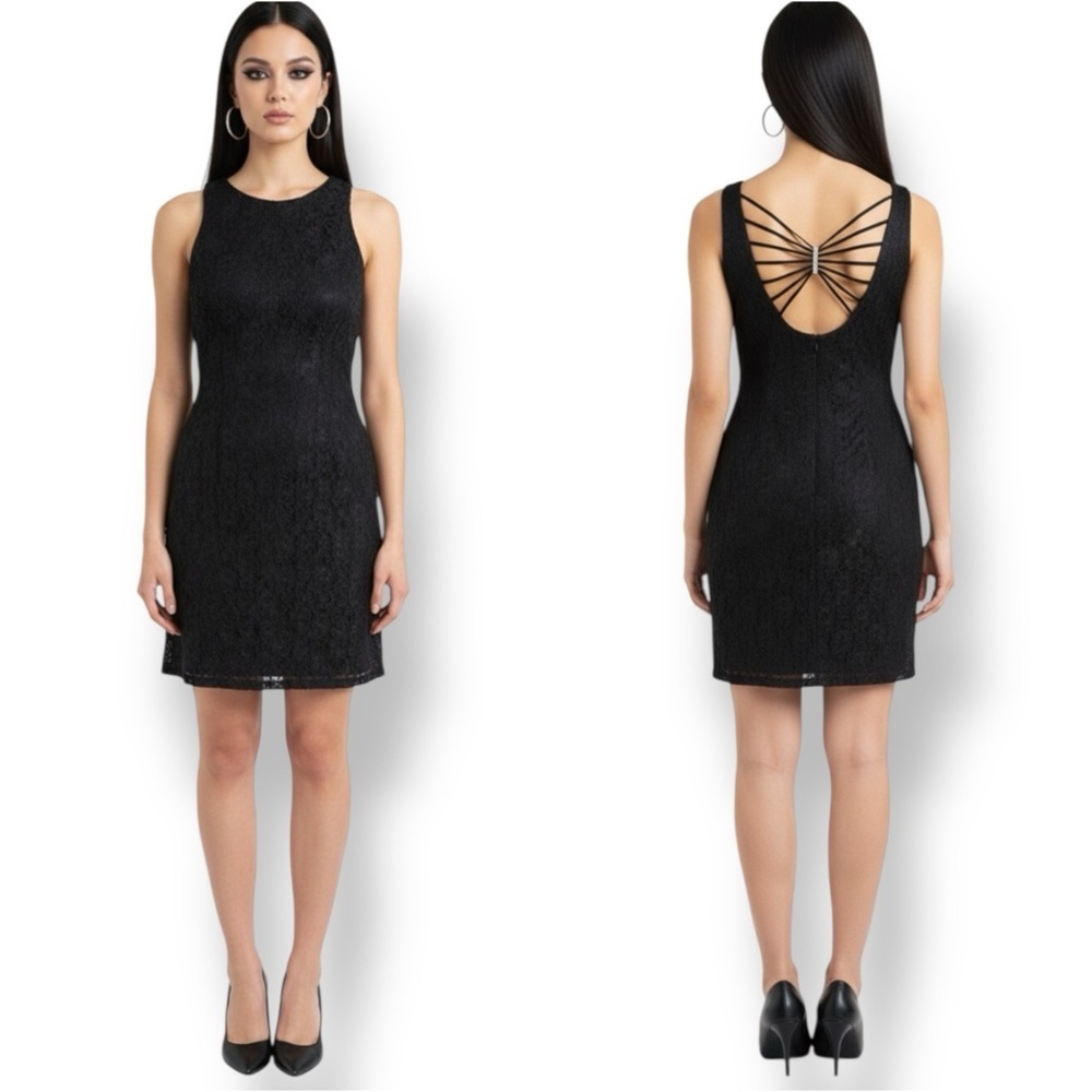 Vintage Black Lace Dress Strappy Back Midi Dress Size S/M